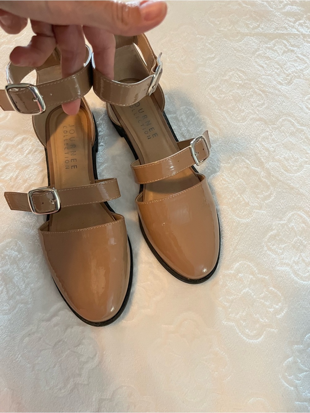 Patent Leather Tan Mary Jane Flats with ankle Buckle Straps